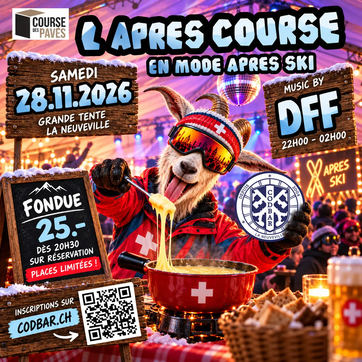 Le flyer de l’après-course CODBAR : une fondue et une soirée après-ski, le 28 novembre 2026 à La Neuveville.